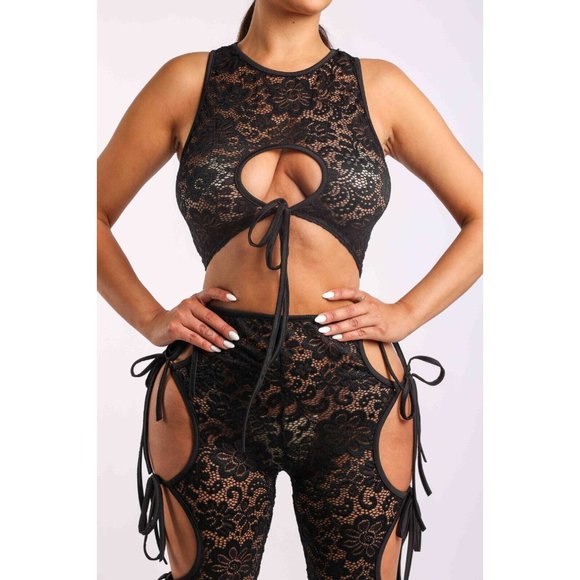 Womens Tie detailed Lace Up Transparent Floral Print Cut Out Top and pants Set - Picture 2 of 8